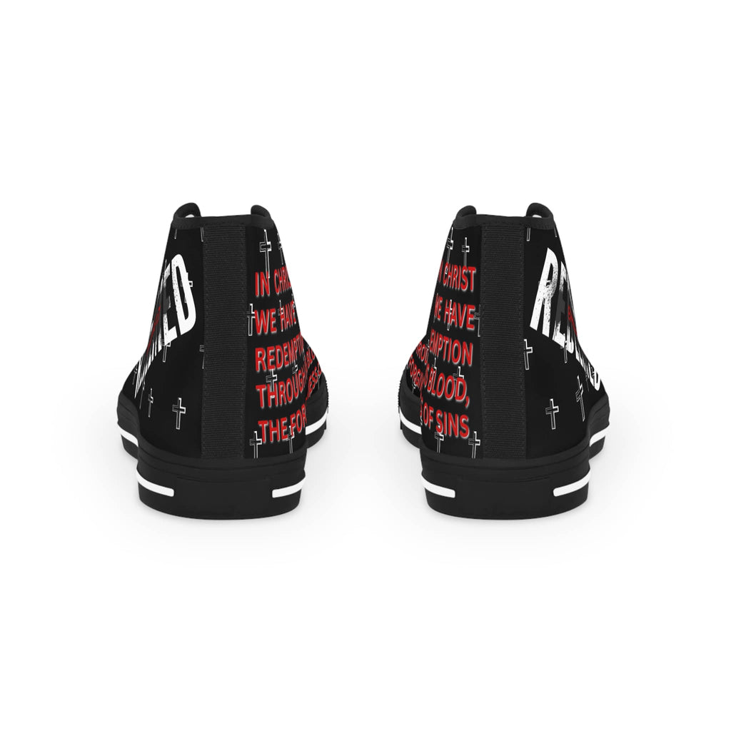 Christian high-top sneakers with bold red lettering and cross designs on a black background