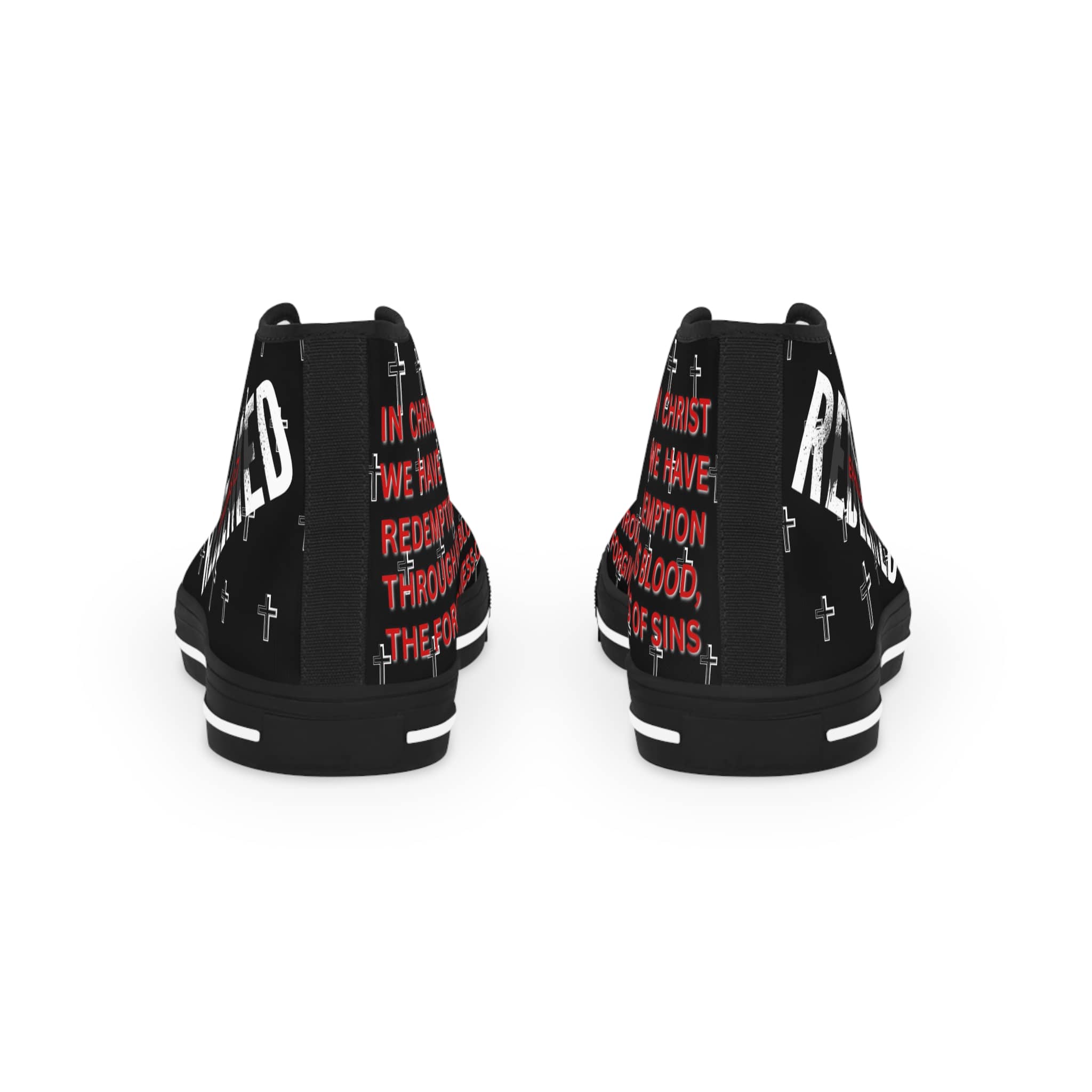Christian high-top sneakers with bold red lettering and cross designs on a black background