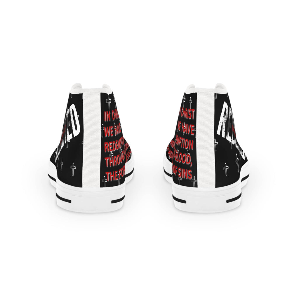 Christian high-top sneakers featuring a bold design with redemption text and cross symbols