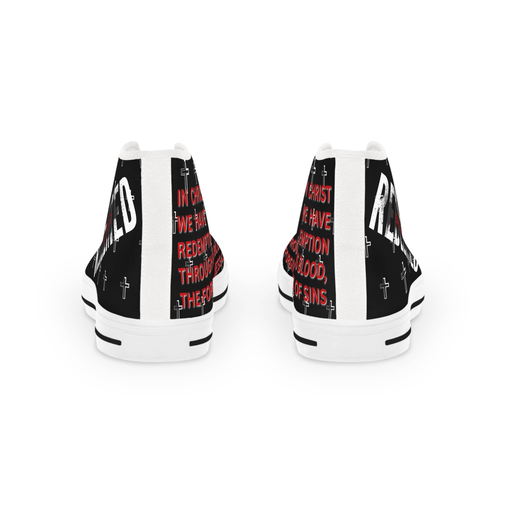 Christian high-top sneakers featuring a bold design with redemption text and cross symbols