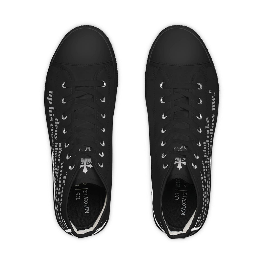 Logos Co. Follow Me black Christian high-top sneakers with white text design and cross detail on tongue