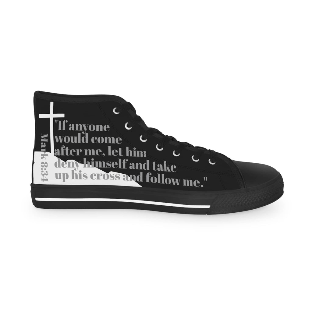 Follow Me - Black sole Christian high-top sneakers with white cross and inspirational Bible quote design