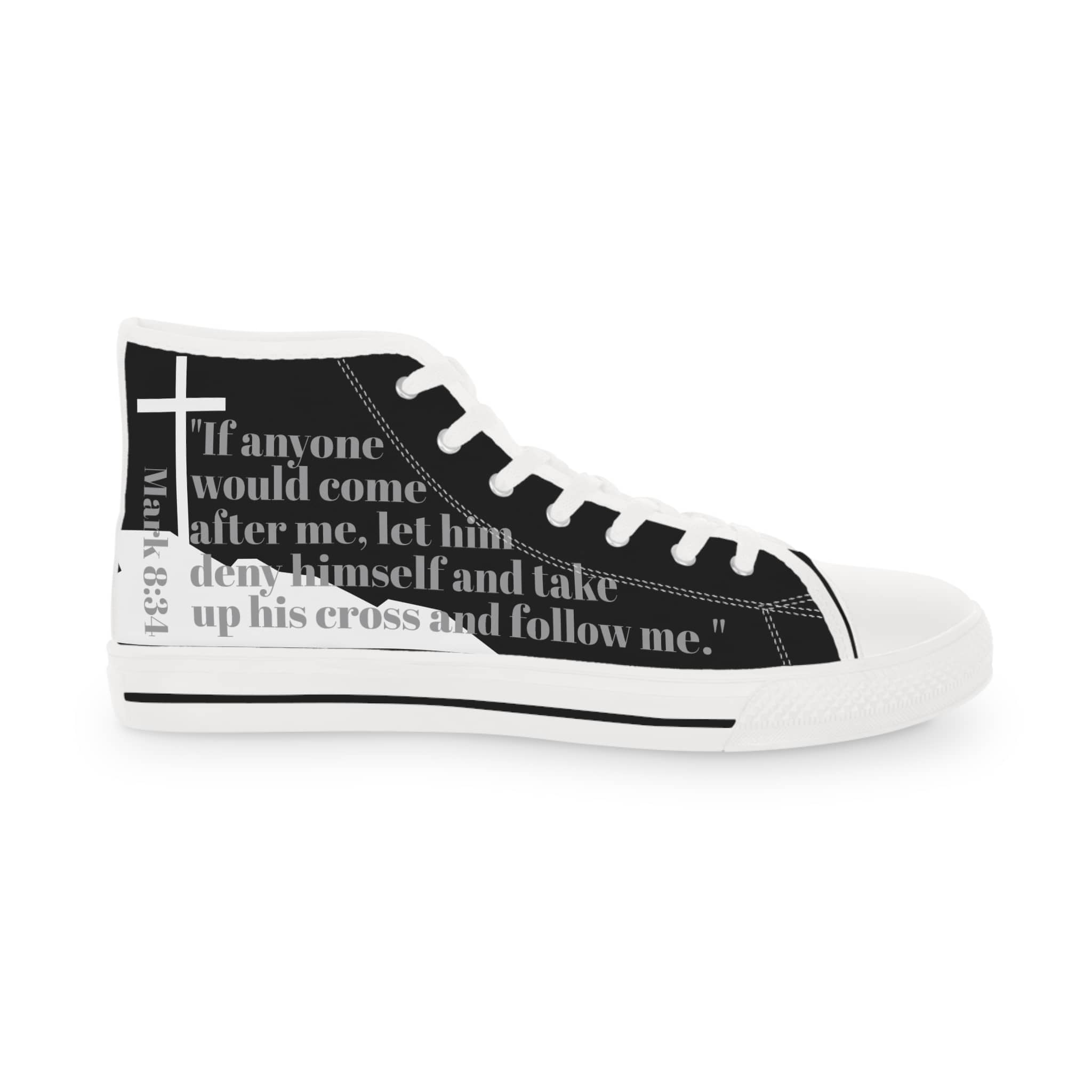 Follow Me white sole Christian high-top sneakers in black with white cross and Bible verse Mark 8:34 design