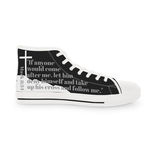 Follow Me white sole Christian high-top sneakers in black with white cross and Bible verse Mark 8:34 design