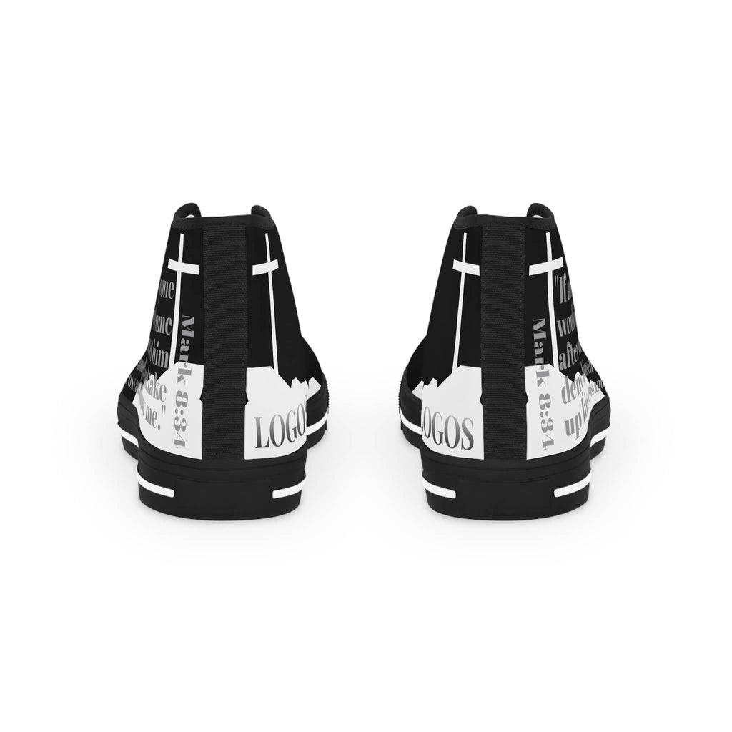 Back view of black sole Follow Me Christian high-top sneakers with cross design by Logos Co. 