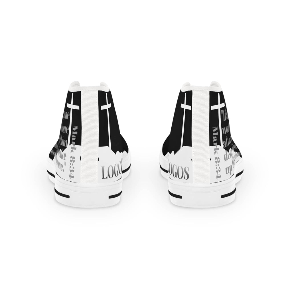 Back view of Logos Co. Follow Me Christian high-top sneakers with black and white cross design and scripture text