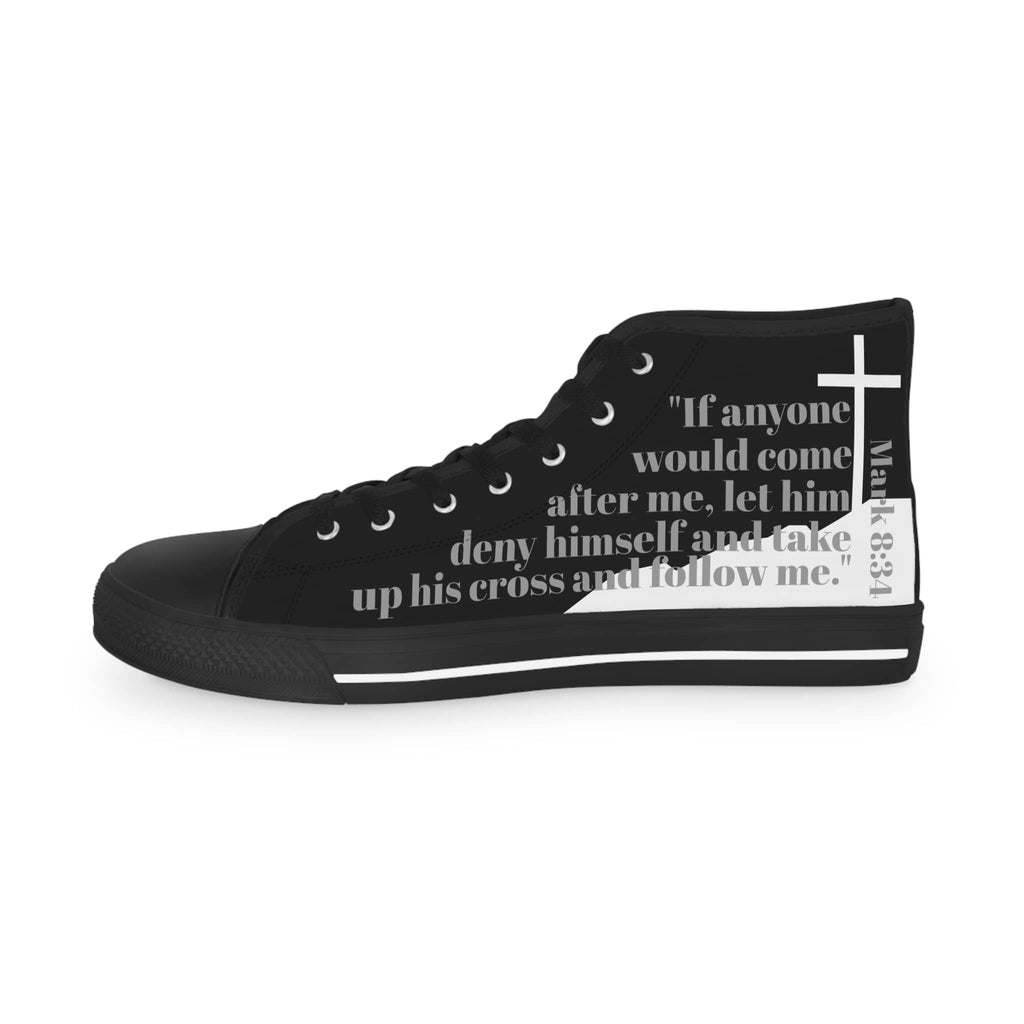 Follow Me - Black sole Christian high-top sneakers in black featuring a Bible verse and cross design