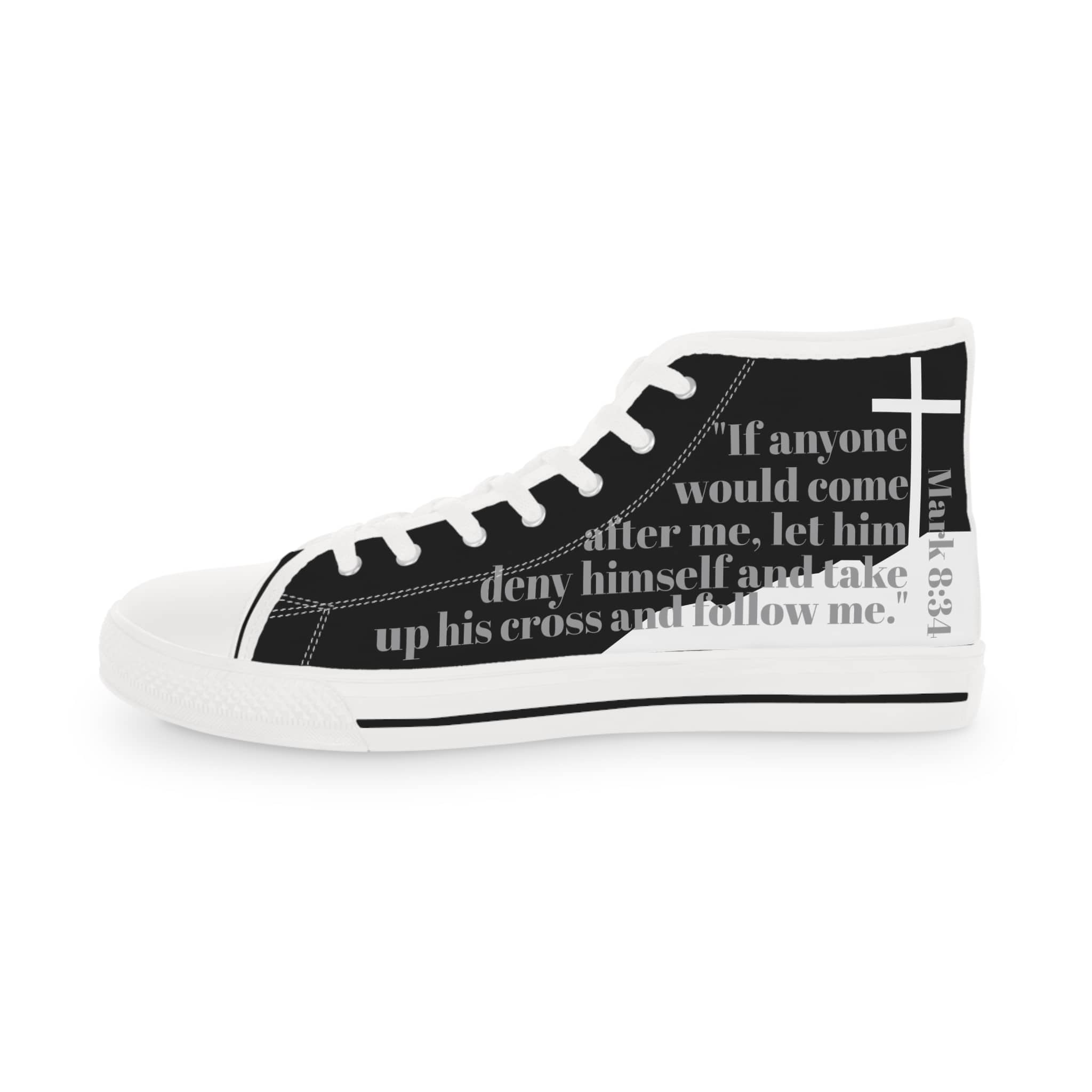 Black Canvas Follow Me Christian high-top sneakers by Logos Co. with white text and a cross design on the side