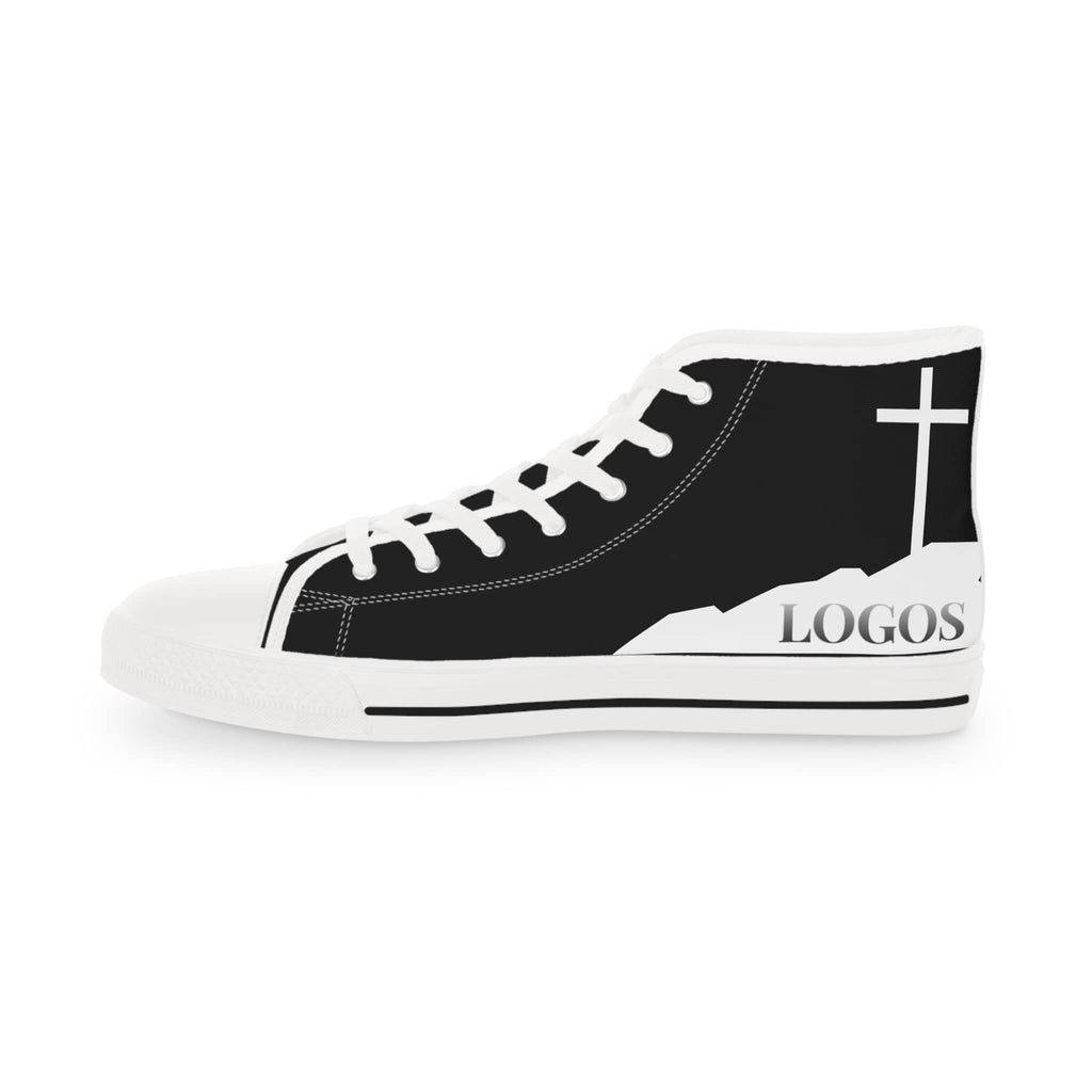 Follow Me - Christian high-top sneakers with black and white design featuring a cross and logos text