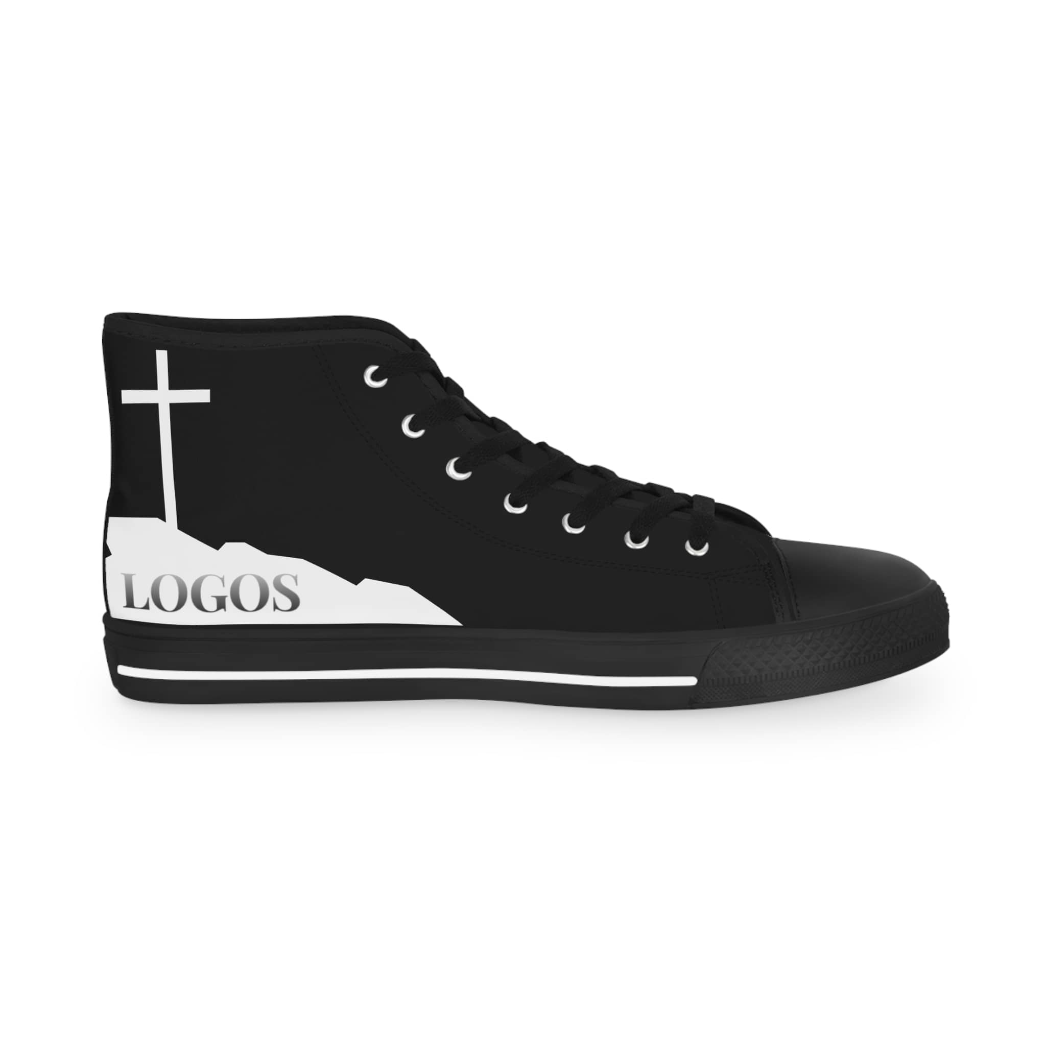 Black sole Follow Me - Christian high-top sneakers with white cross and logos design on side