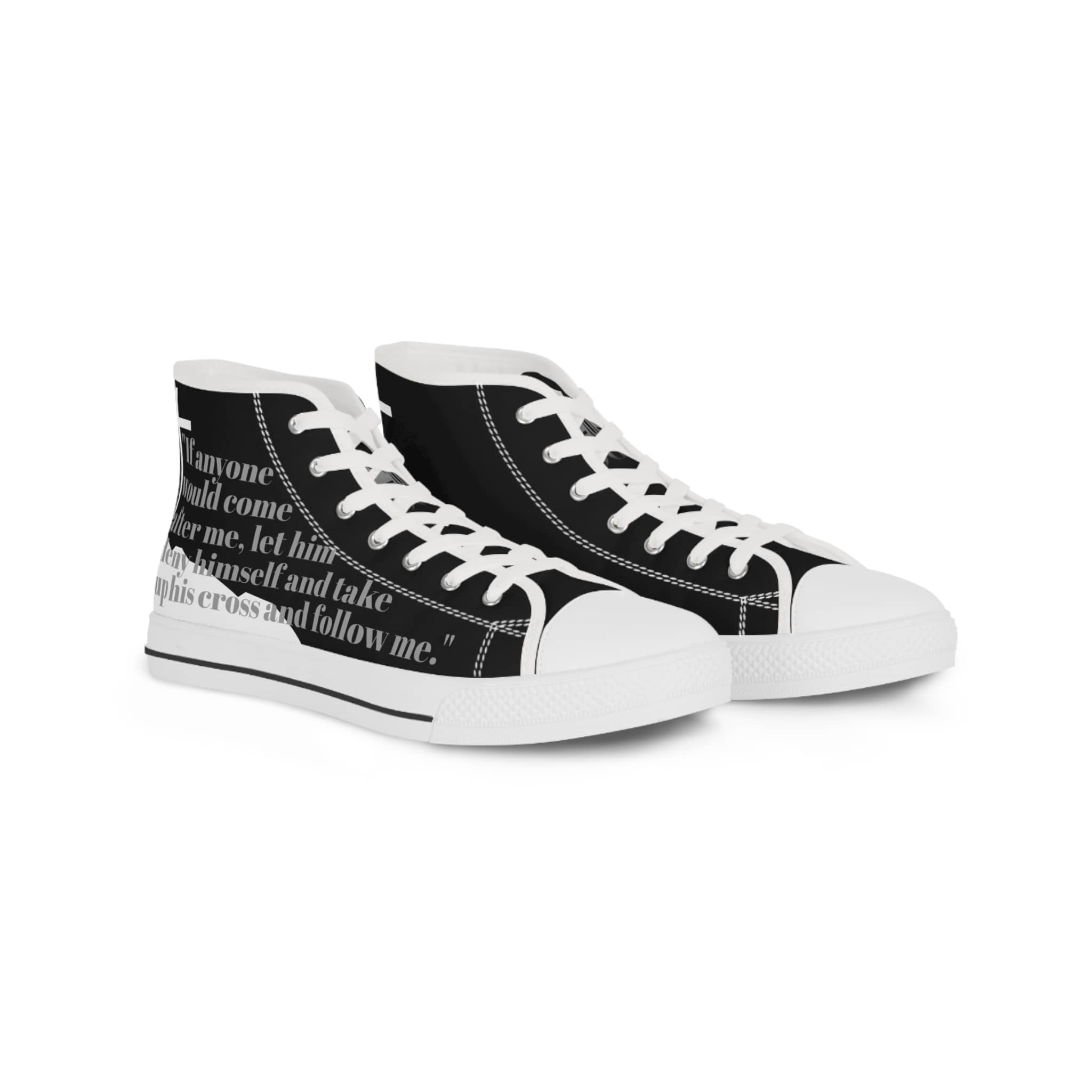 Follow Me black canvas white sole Christian high-top sneakers with white laces and inspirational text design