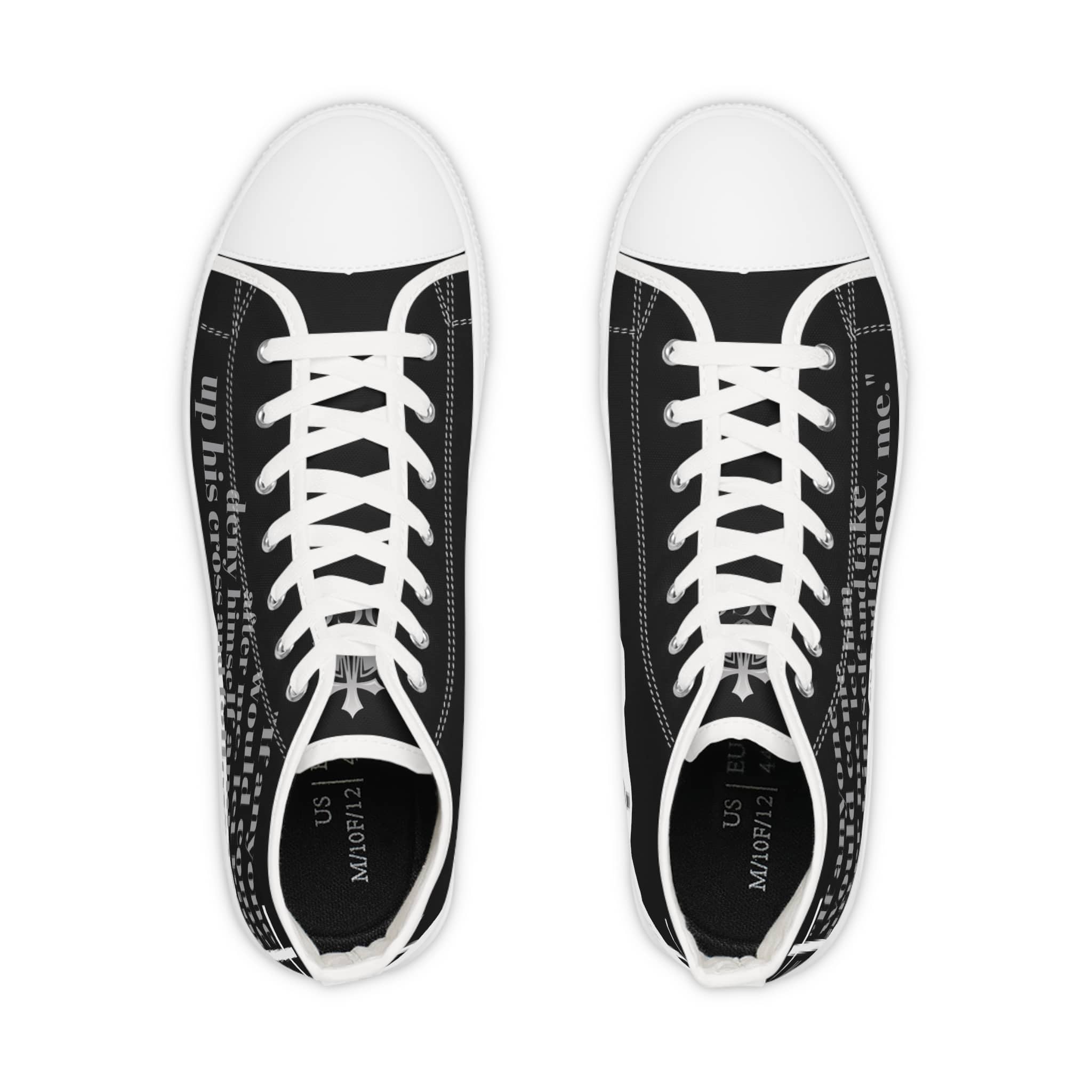 Follow Me - black canvas and white sole Christian high-top sneakers with text design and white laces-top view