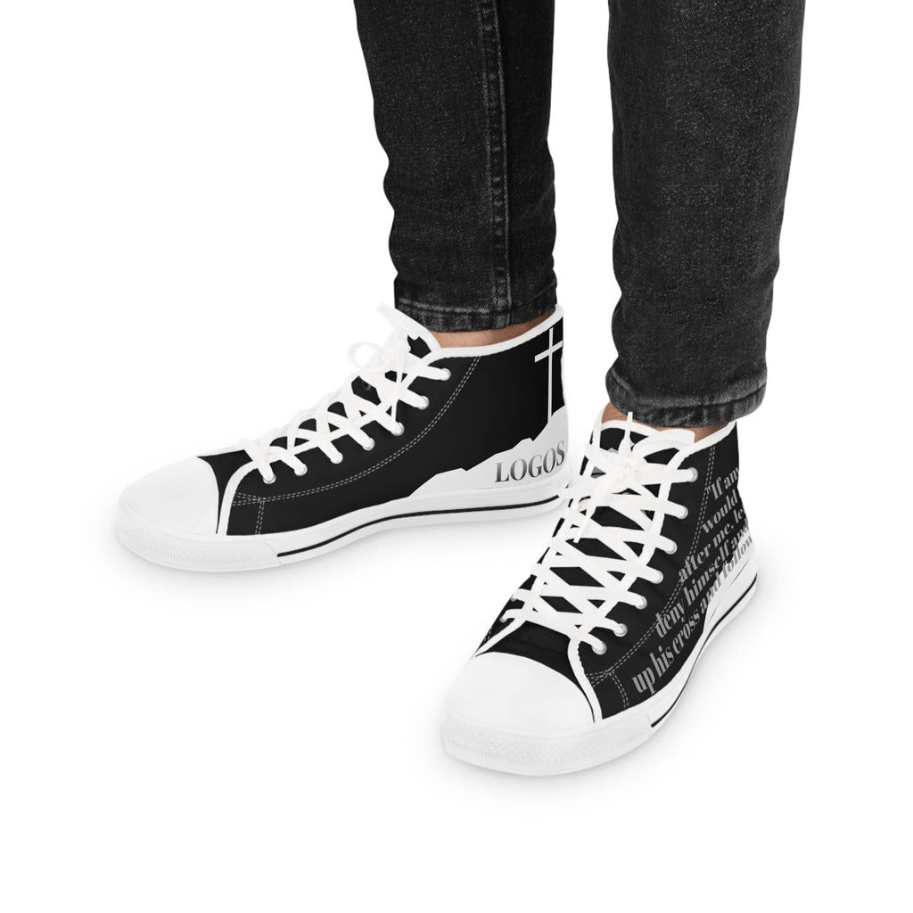 Follow Me - Christian high-top sneakers with cross and scripture design and white sole on a man
