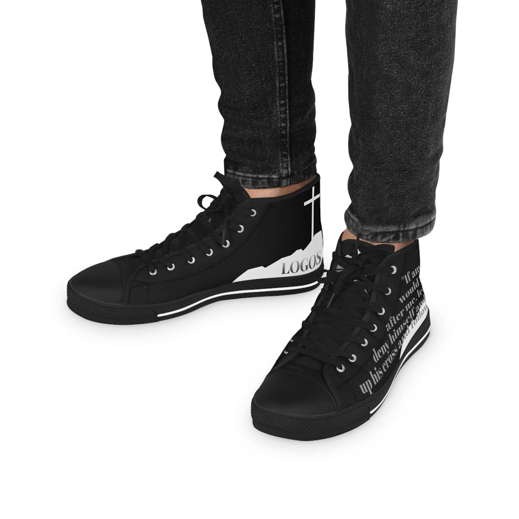 Follow Me black sole Christian high-top sneakers with white cross and printed text design by Logos Co.