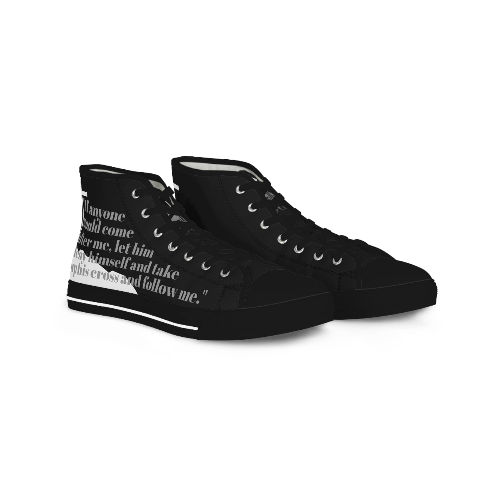 Follow Me - black canvas Christian high-top sneakers with white text design on the side and lace-up closure