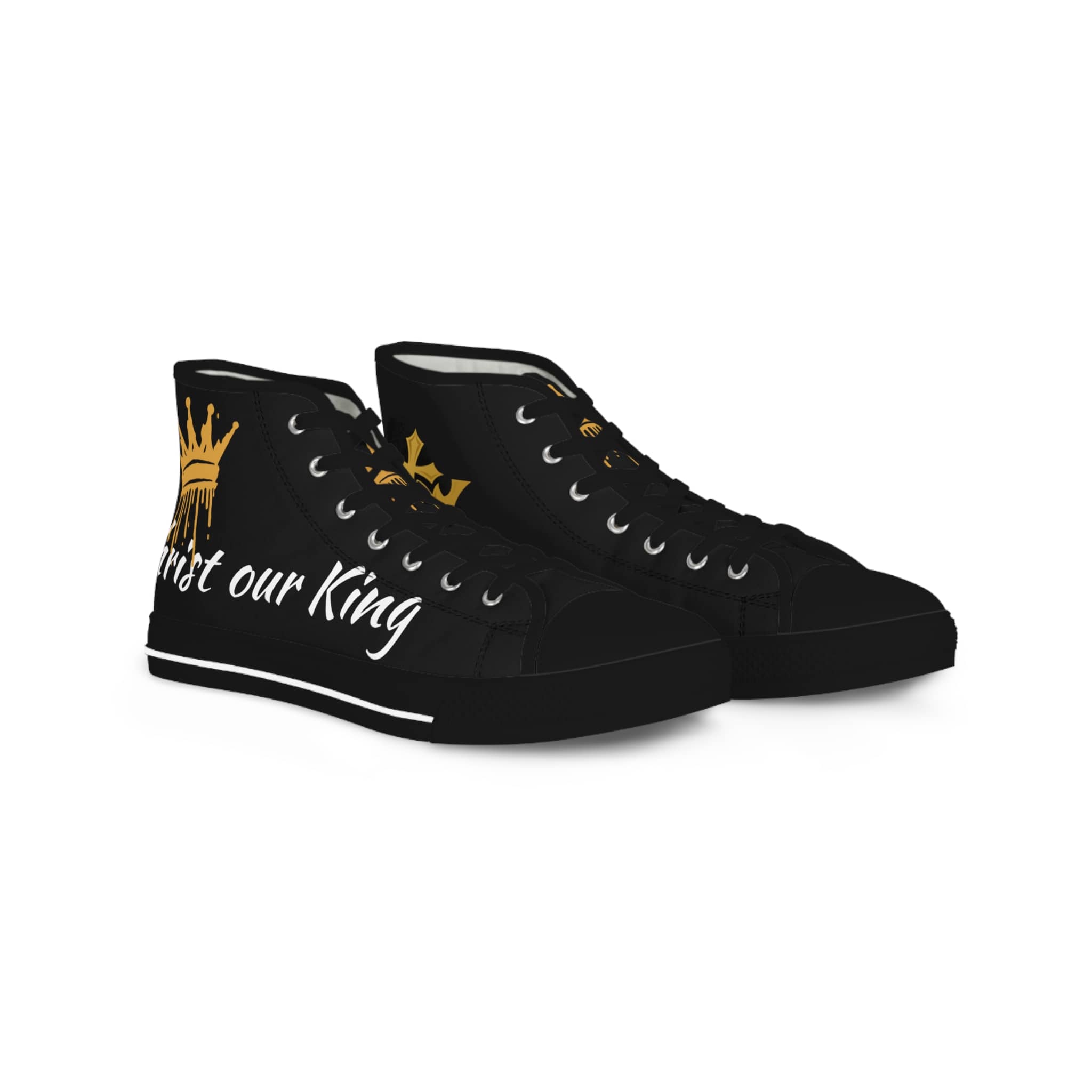 Black Christian high top sneakers with gold crown design and text for stylish religious footwear