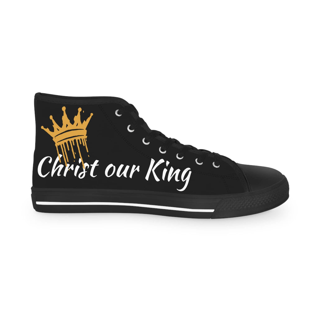Black Christian high top sneakers featuring a gold crown design and Christ our King text