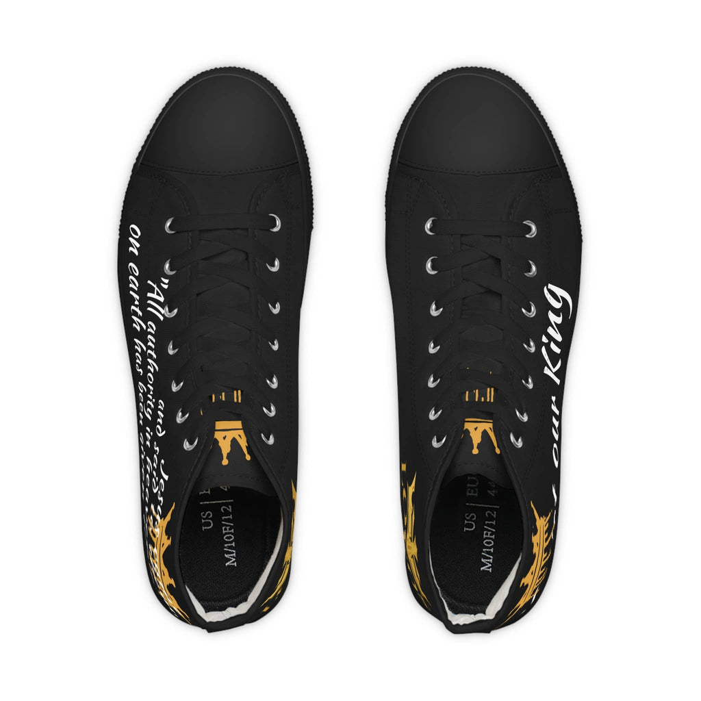Black Christian high top sneakers featuring inspirational text and design for casual wear