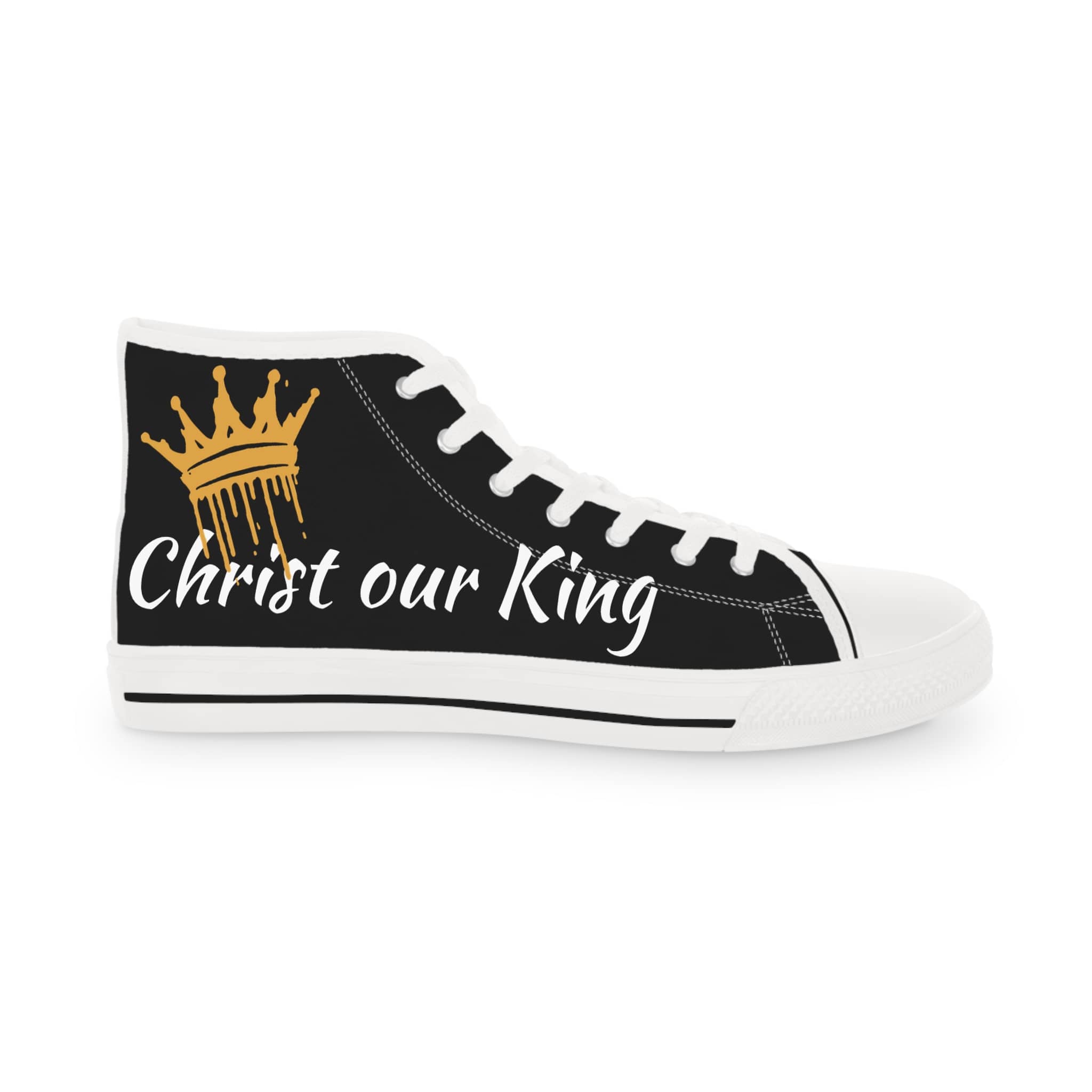Christian high top sneakers featuring a gold crown and the text "Christ our King" on a black background