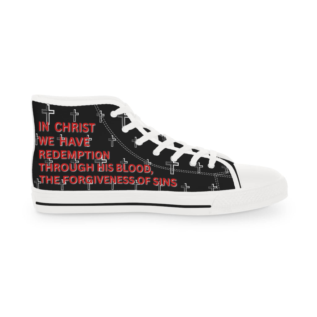 Christian high-top sneakers featuring a bold design with crosses and a redemption message