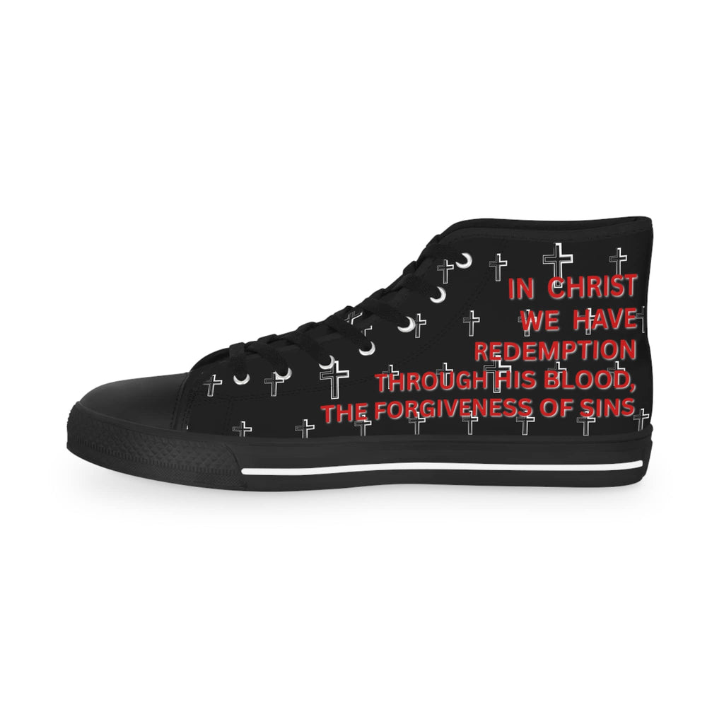 Black Christian high-top sneakers featuring white crosses and inspirational text for stylish believers