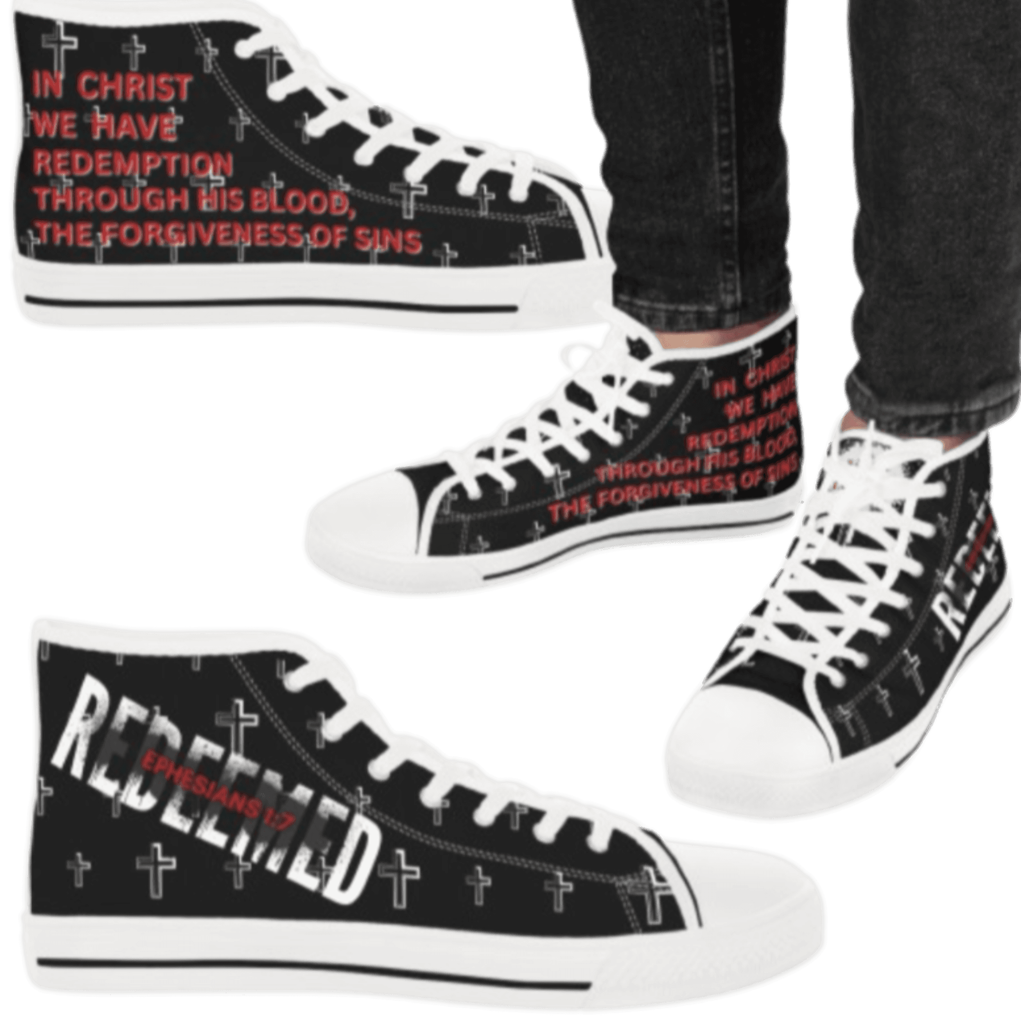 Christian high-top sneakers featuring inspirational text and cross designs for stylish support