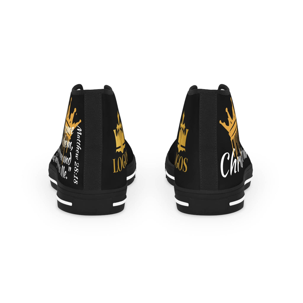 Christian high top sneakers with a bold crown design and inspirational text on a black background