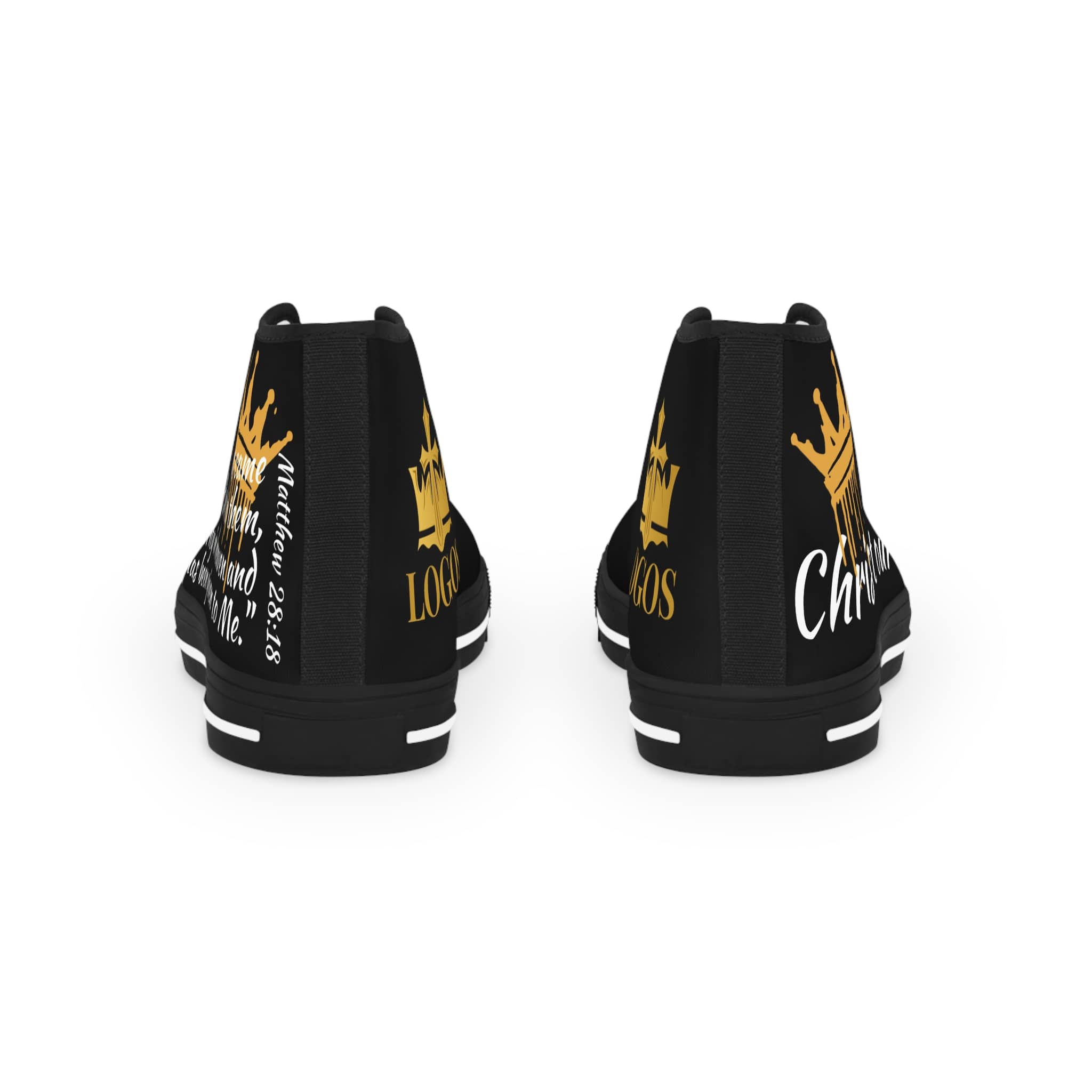 Christian high top sneakers with a bold crown design and inspirational text on a black background
