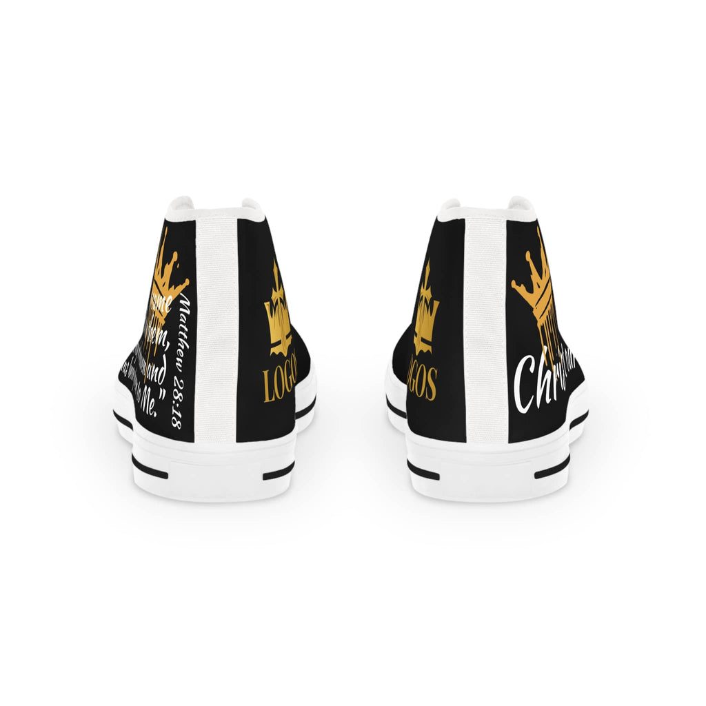 Christian high top sneakers with a unique crown design and inspirational text on the back