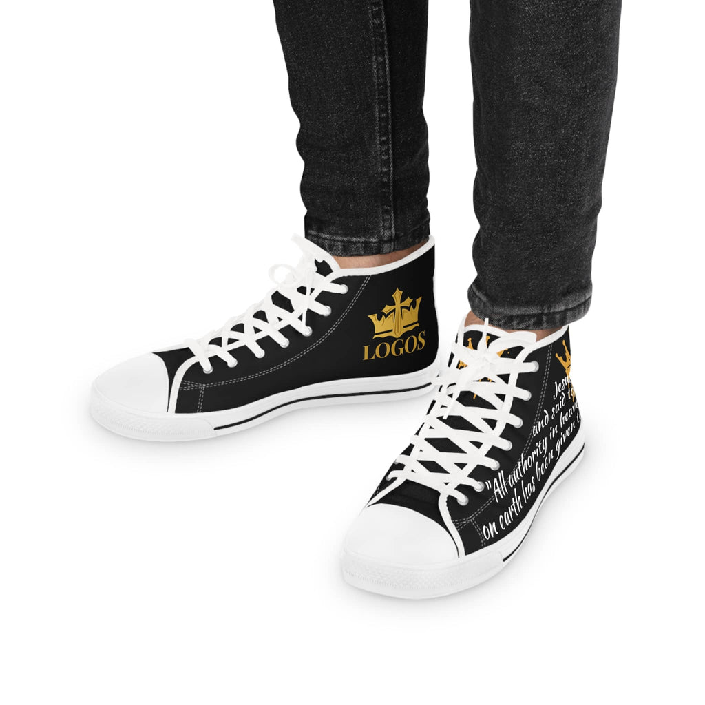 Christian high top sneakers featuring a stylish design with text and logo on a black background