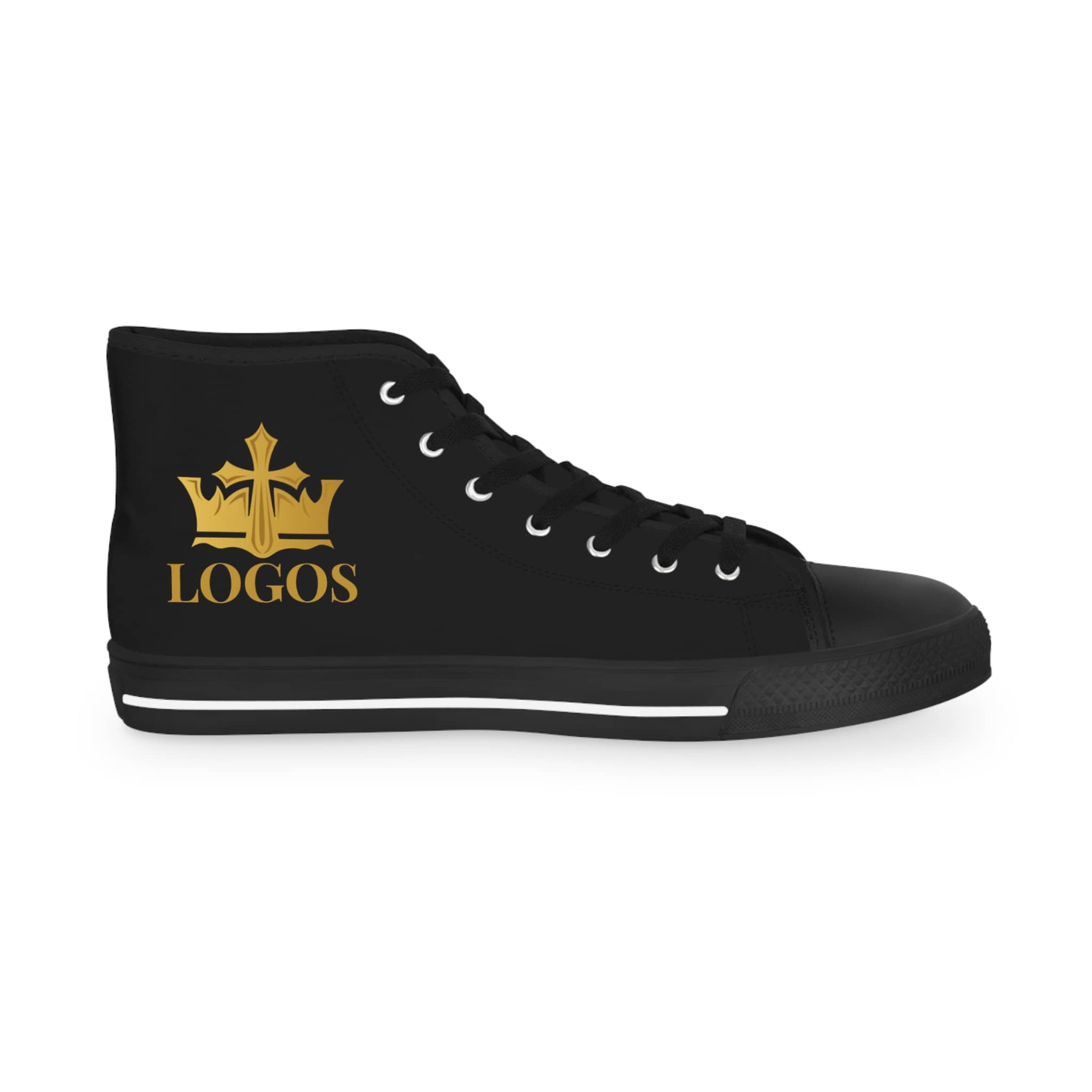 Black Christian high top sneakers featuring a golden crown logo on the side