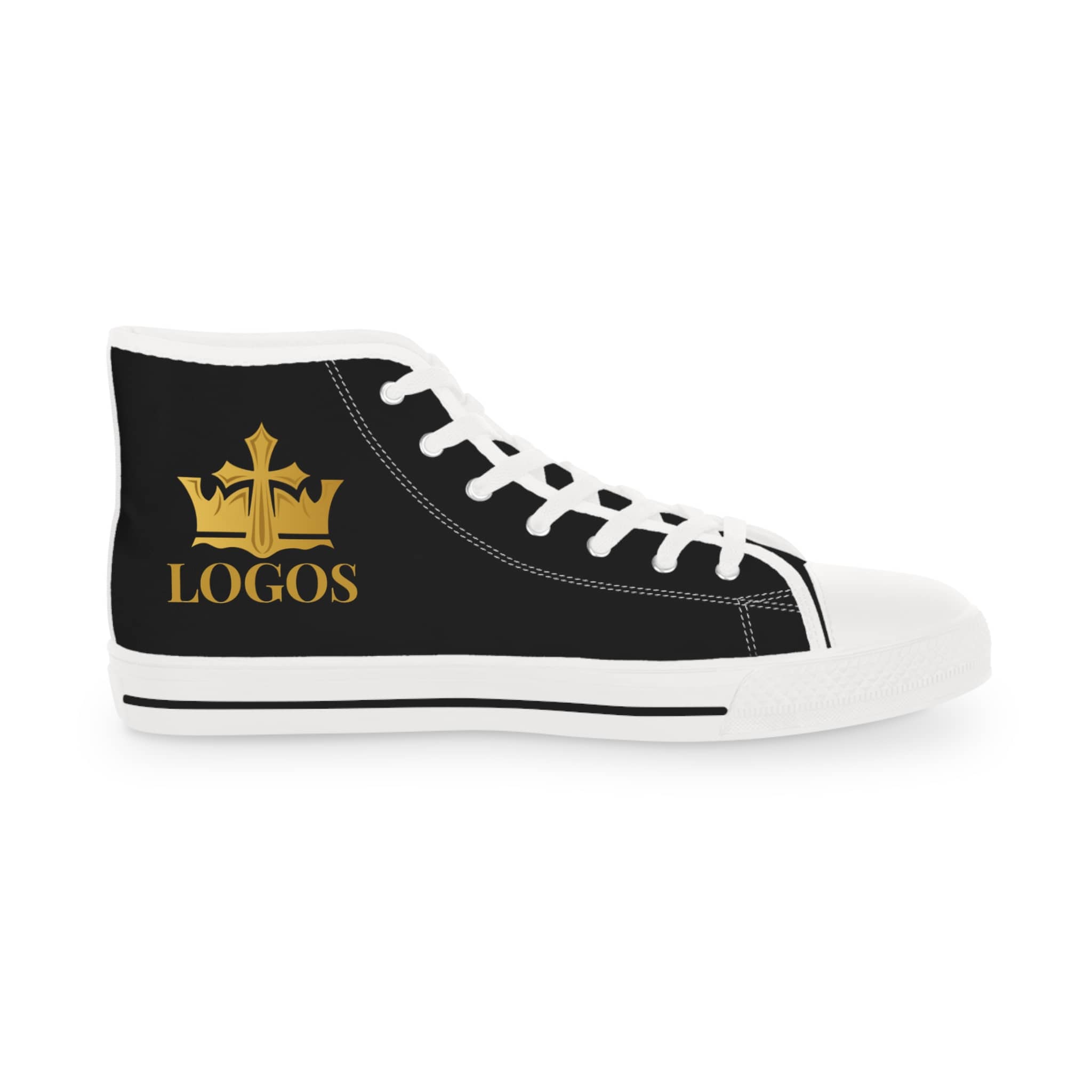 Black Christian high top sneakers with a gold crown logo for stylish and unique footwear