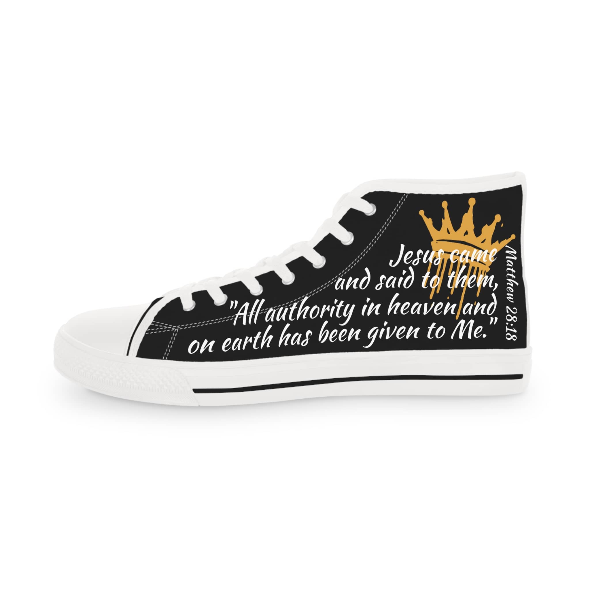 Christian high top sneakers in black with gold crown design and inspirational text
