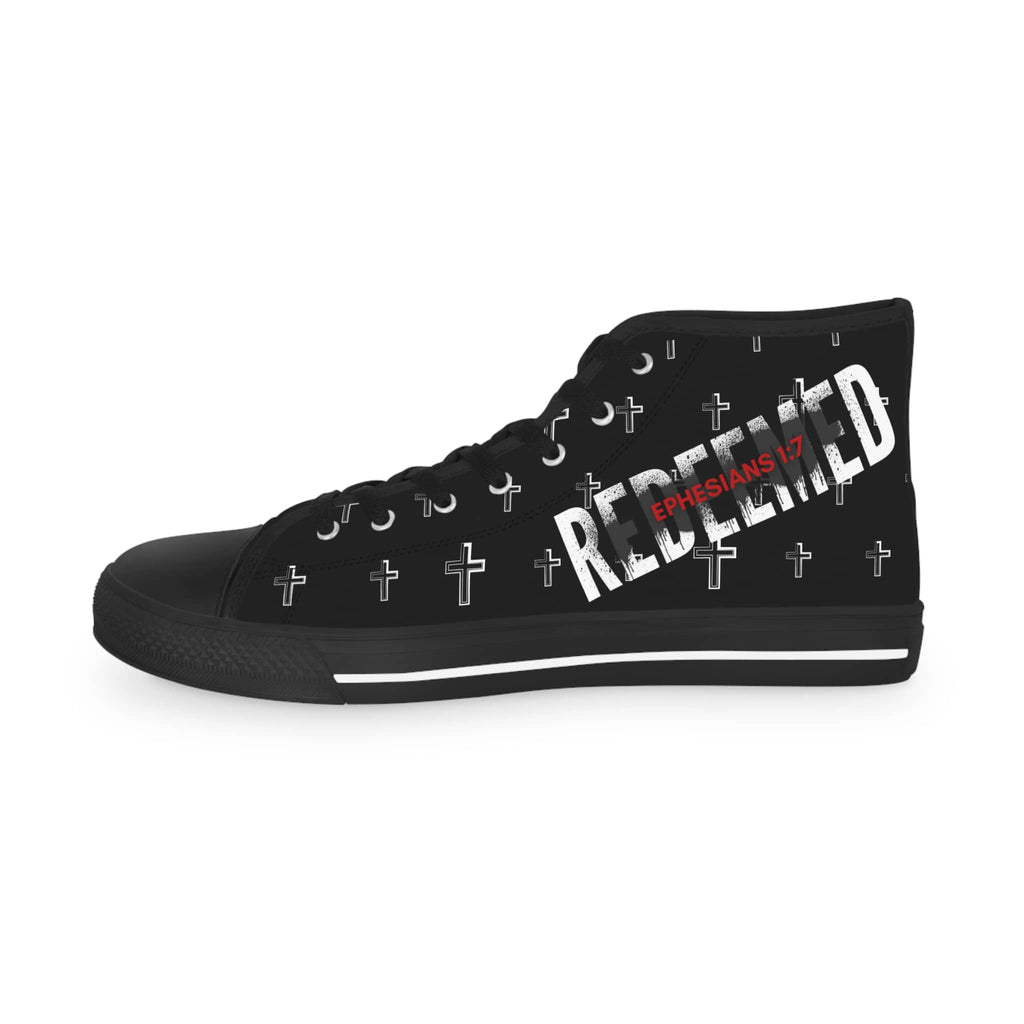 Black Christian high-top sneakers featuring Redeemed design and cross patterns for stylish faith expression