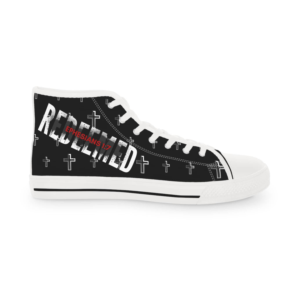 Black Christian high-top sneakers with crosses and 'Redeemed' text for stylish faith-inspired footwear