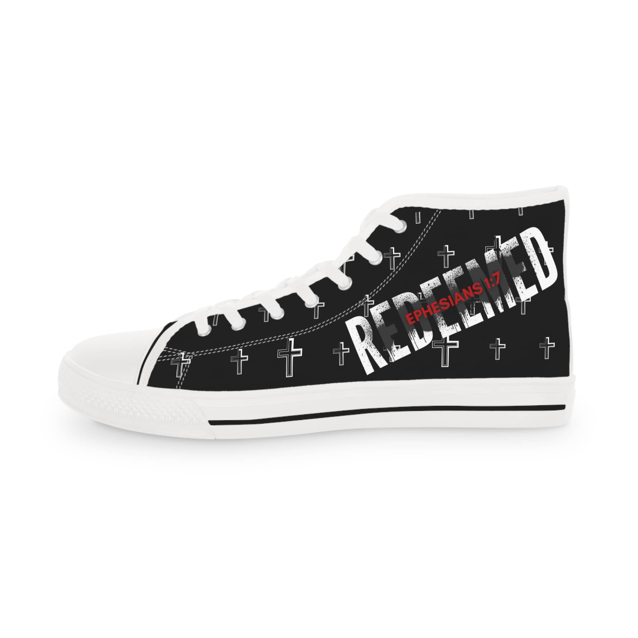 Christian high-top sneakers with a black design featuring crosses and the word Redeemed from Ephesians 1:7