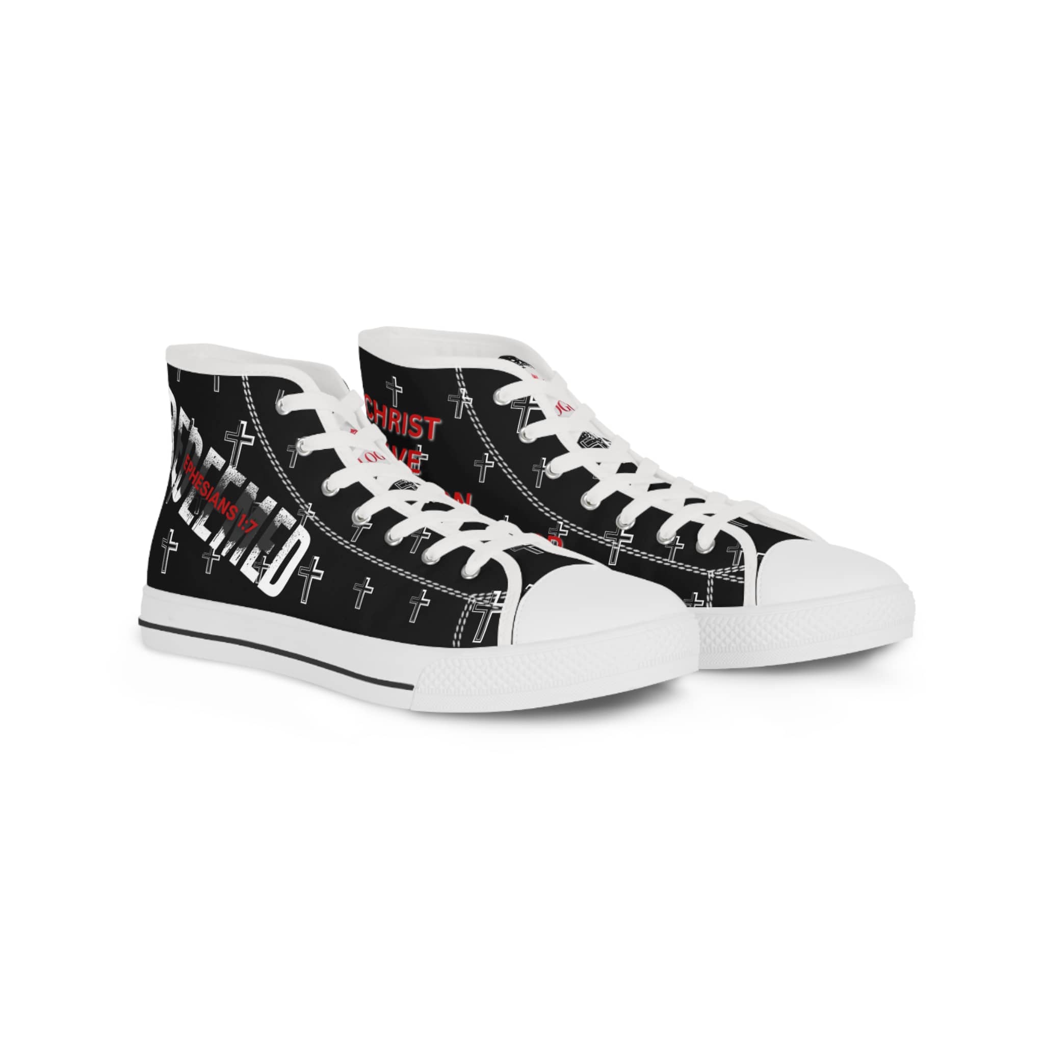 Christian high-top sneakers with bold graphics and cross design for stylish expression of faith