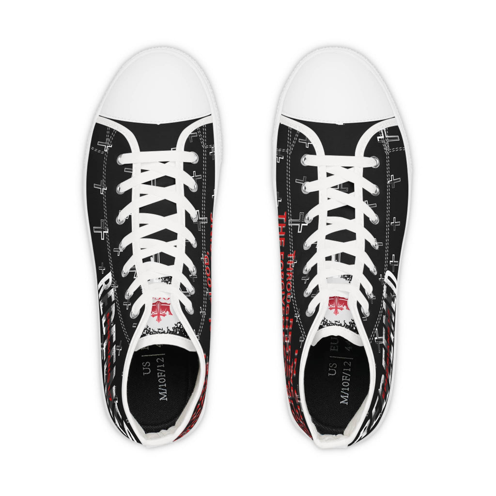 Christian high-top sneakers featuring a bold black design with crosses and red accents