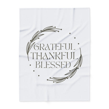Christian home decor blanket featuring the words Grateful Thankful Blessed in elegant script
