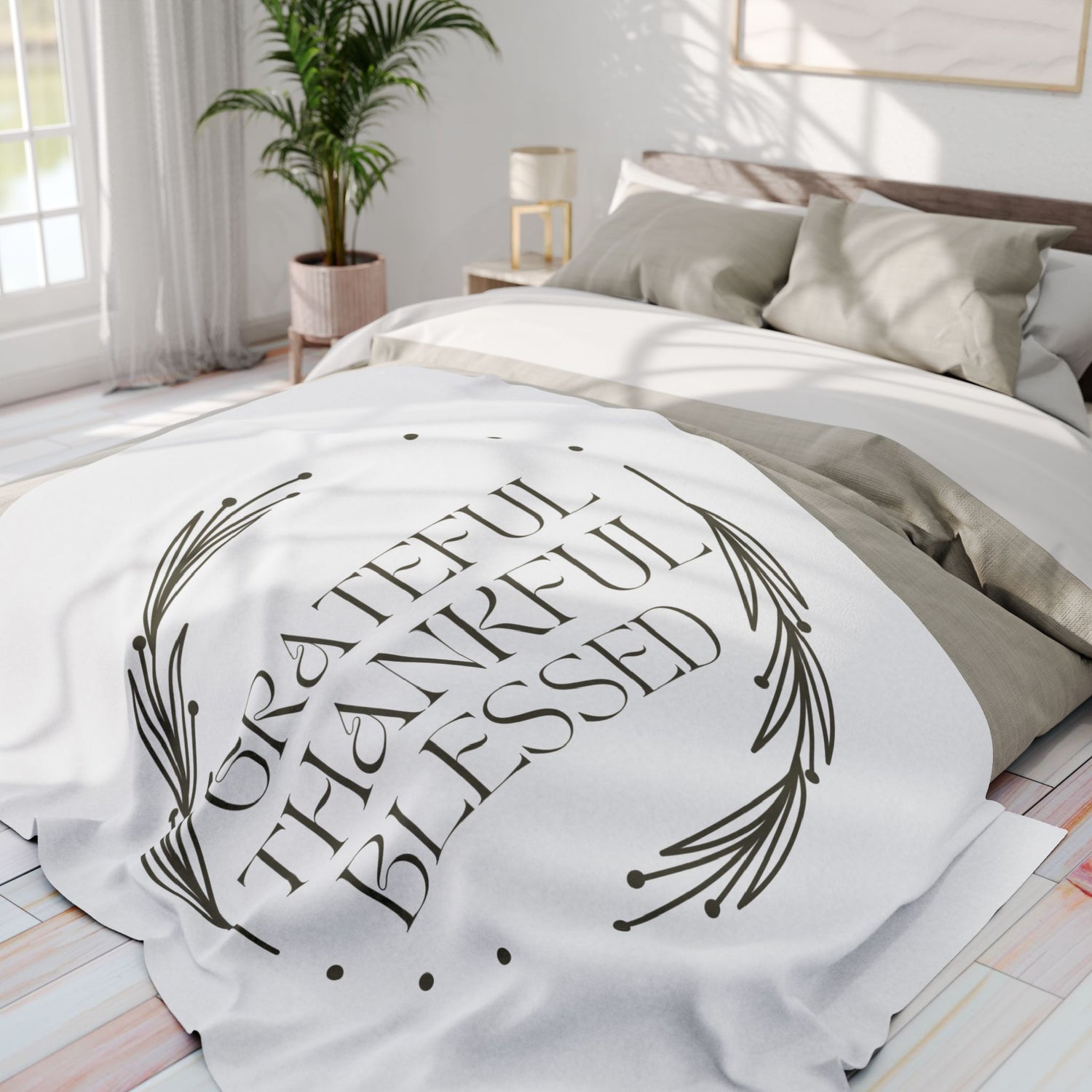 Christian home decor blanket featuring the words Grateful Thankful Blessed in elegant typography