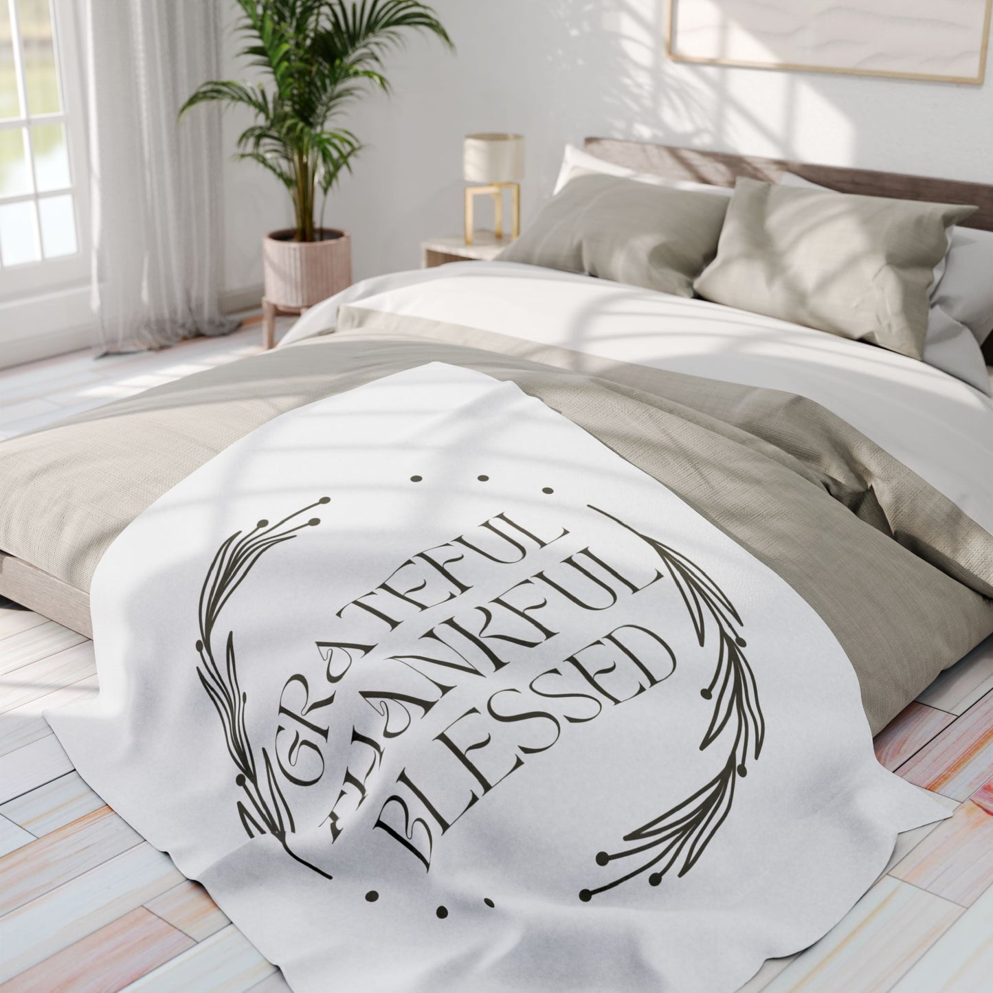 Cozy Christian home decor blanket featuring grateful, thankful, blessed design, perfect for any living space