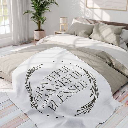Cozy Christian home decor blanket featuring grateful, thankful, blessed design, perfect for any living space