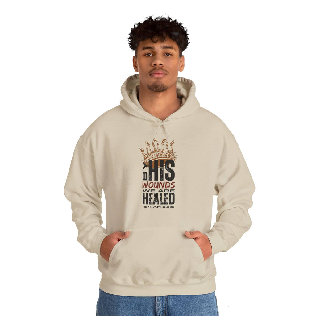 Beige Christian hooded sweatshirt with inspirational design and scripture from Isaiah 53:5