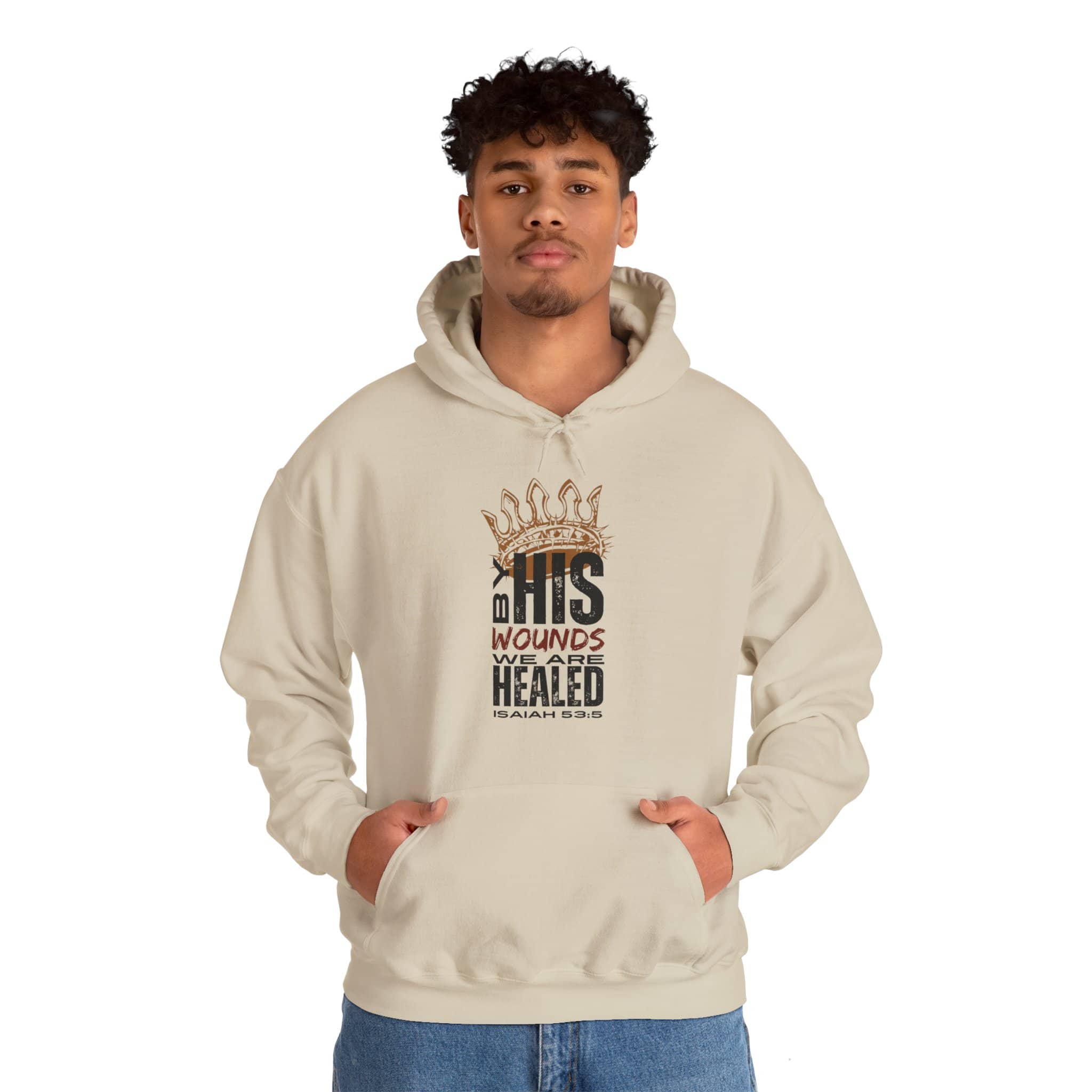 Beige Christian hooded sweatshirt with inspirational design and scripture from Isaiah 53:5