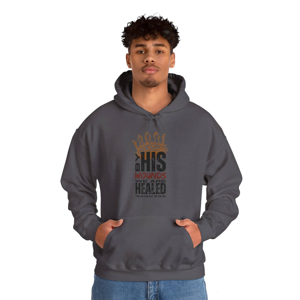 Christian hooded sweatshirt in gray featuring a motivational design about healing and faith