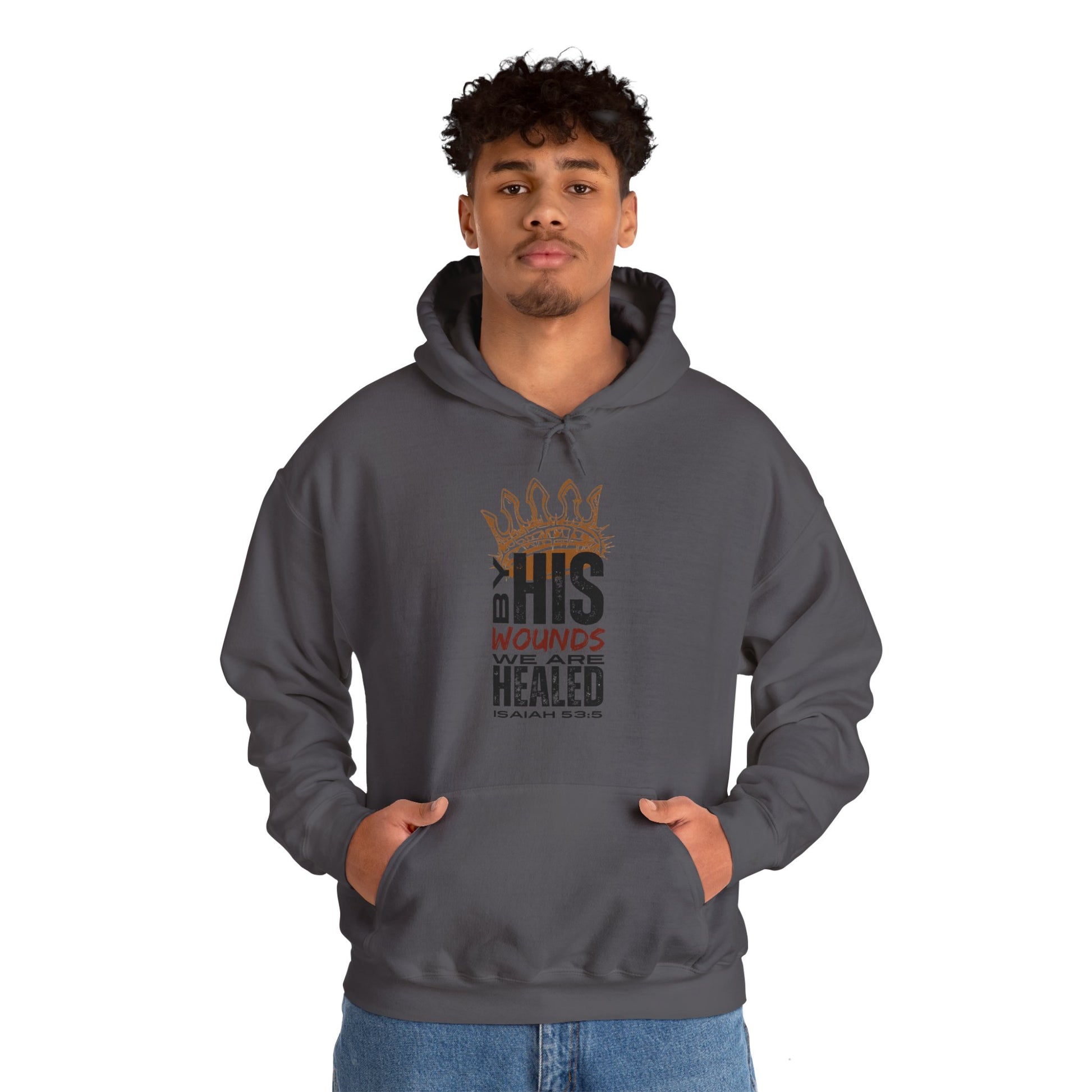 Christian hooded sweatshirt in gray featuring a motivational design about healing and faith