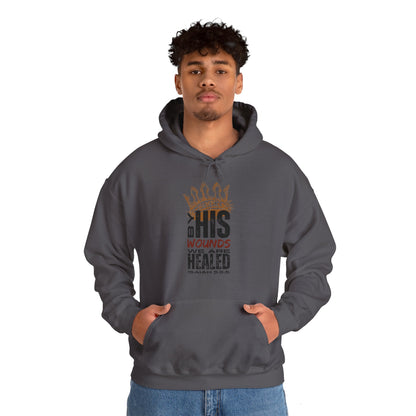 Christian hooded sweatshirt in gray featuring a motivational design about healing and faith