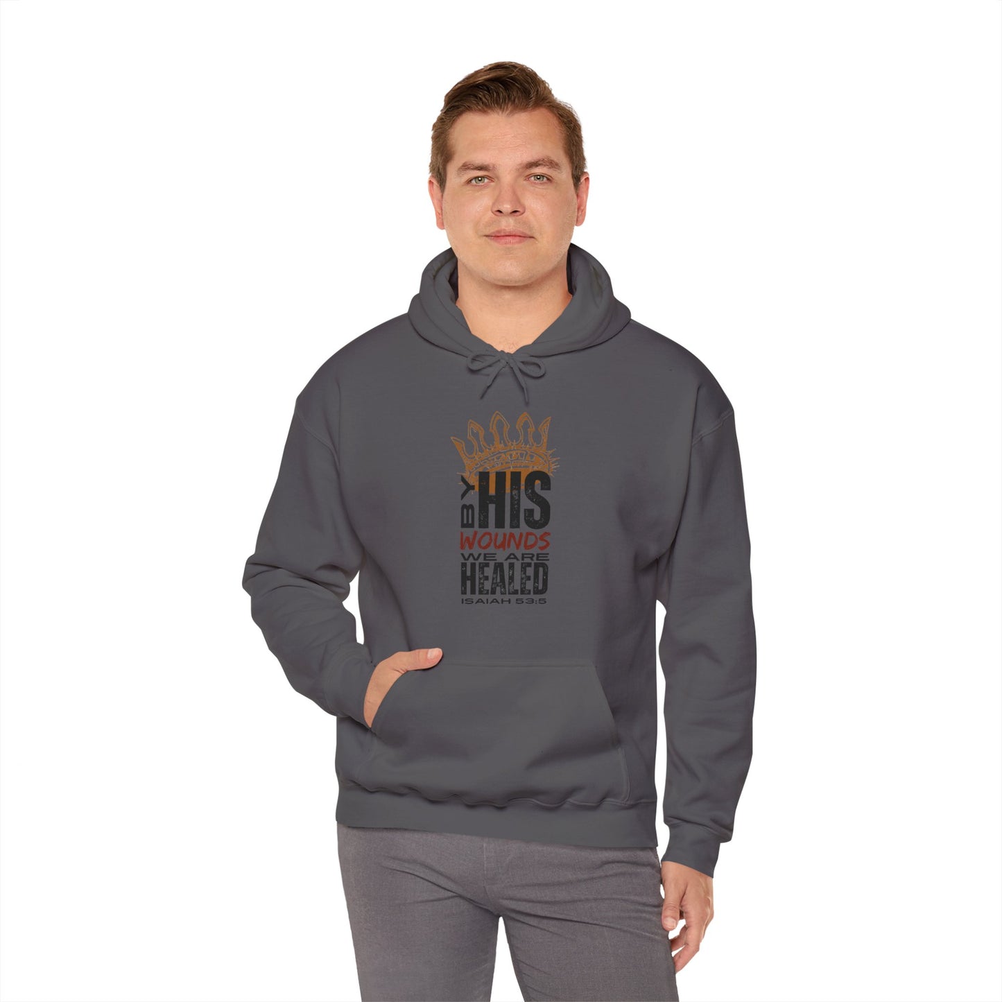 Gray Christian hooded sweatshirt featuring inspirational graphic design on the front