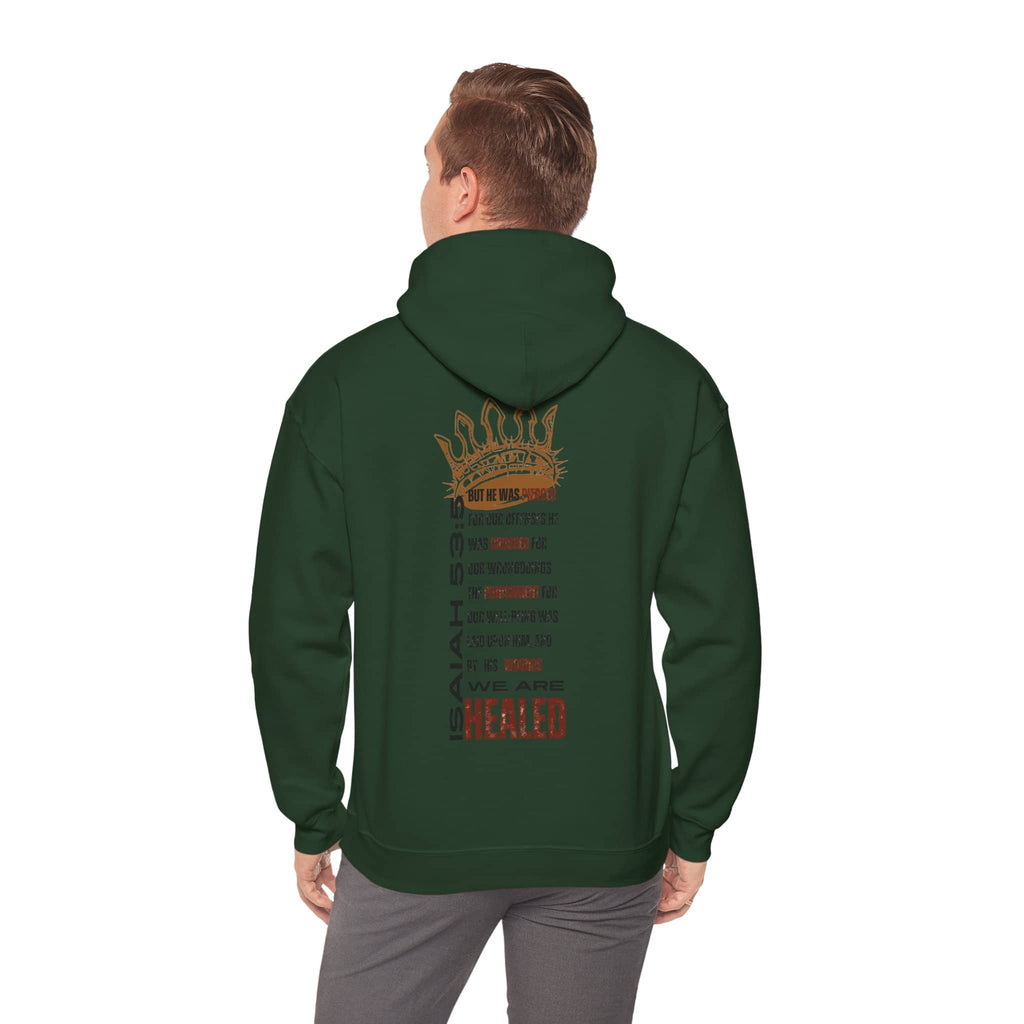 Green Christian hooded sweatshirt featuring inspirational text printed on the back for motivation.