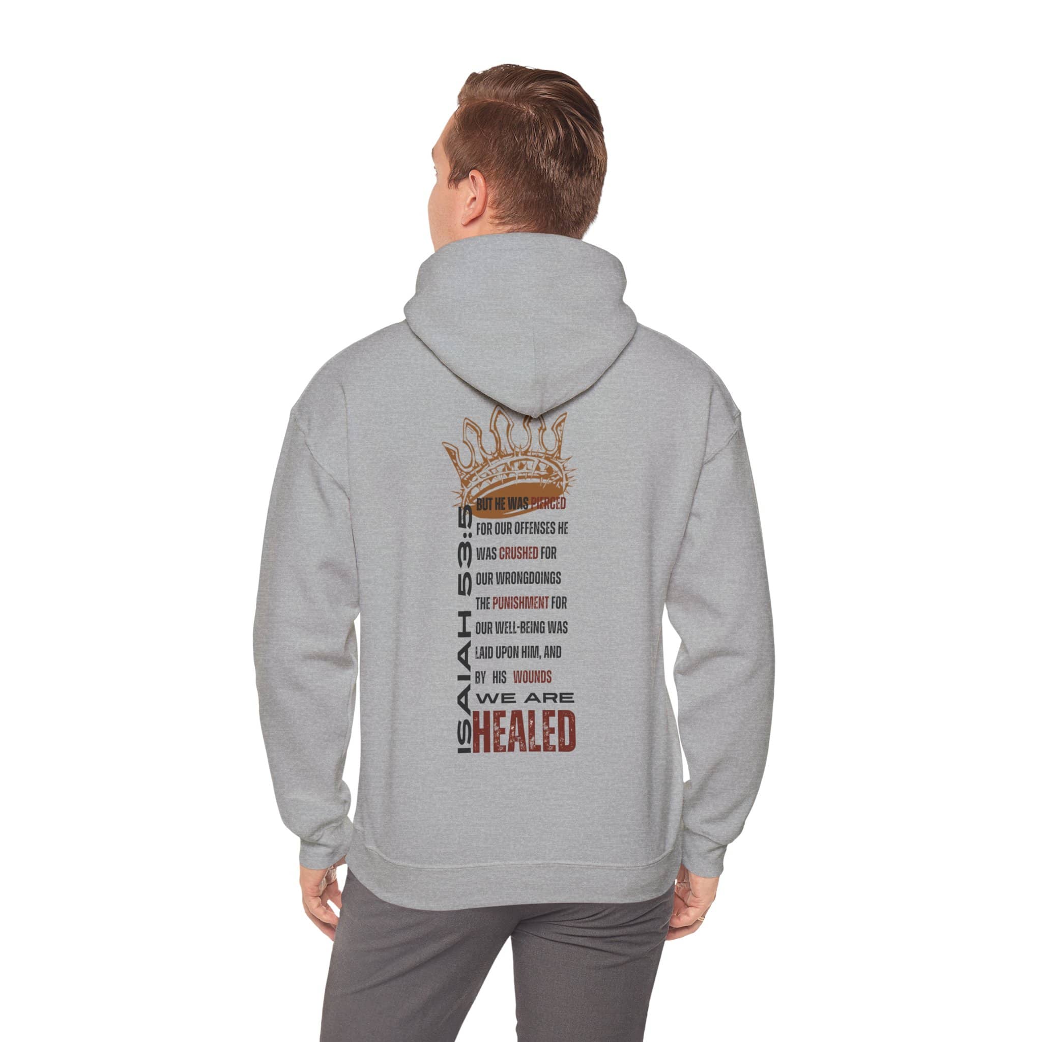 Christian hooded sweatshirt featuring a healing scripture design on the back for inspirational wear